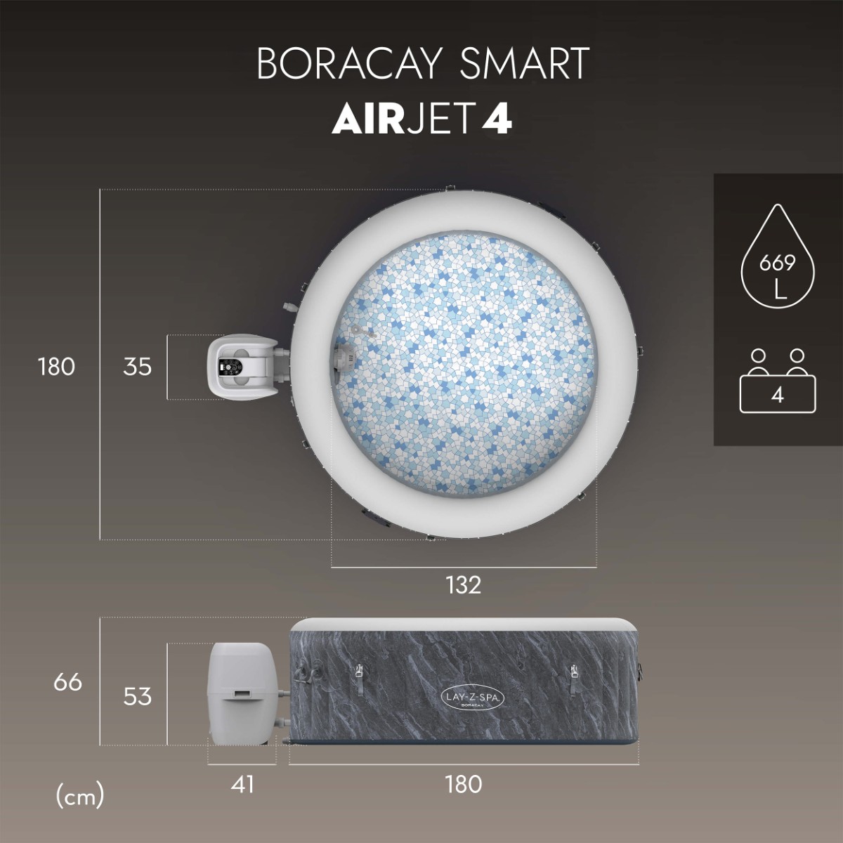 Nadmuchiwane jacuzzi Lay-Z-Spa Boracay Smart AirJet 4 z wymiarami. Widok z góry i z boku na szarą wannę o strukturze kamienia, przeznaczoną dla 4 osób, o pojemności 669 litrów.